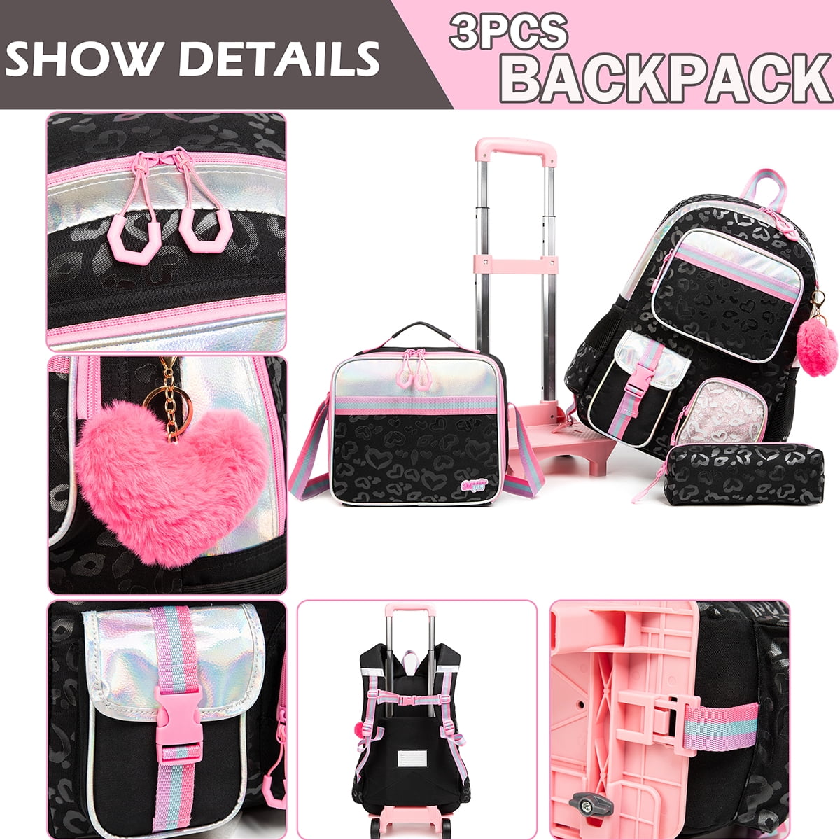 Kids Rolling Backpacks for Girls with Wheels School Bookbag with Lunch Box Pencil Case for Elementary School Students Teen Ages 8-10