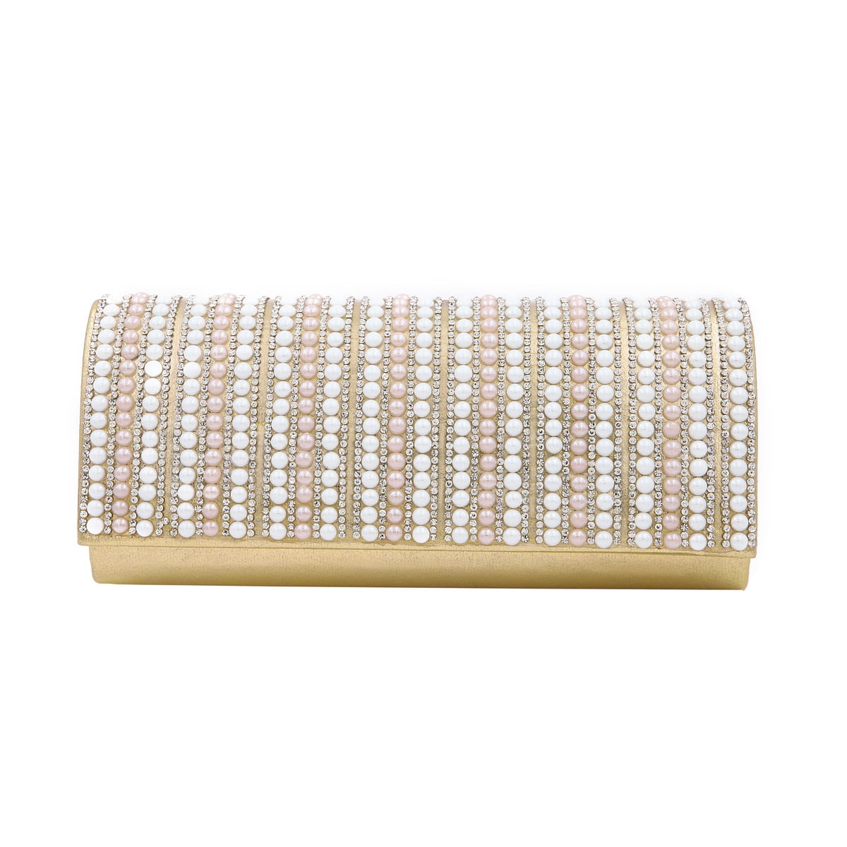 Diff Colors Rhinestones & Pearl Beads Front Glitter Shine Clutch Evening Bag 