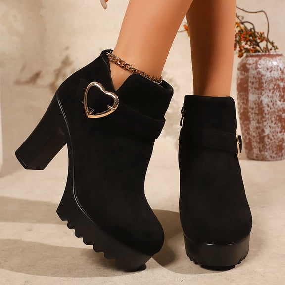 KANG Chunky Heel Ankle Boots With Side Zipper Finish Casual Fall Winter Footwear Elegant Heart Detail Design Black 36