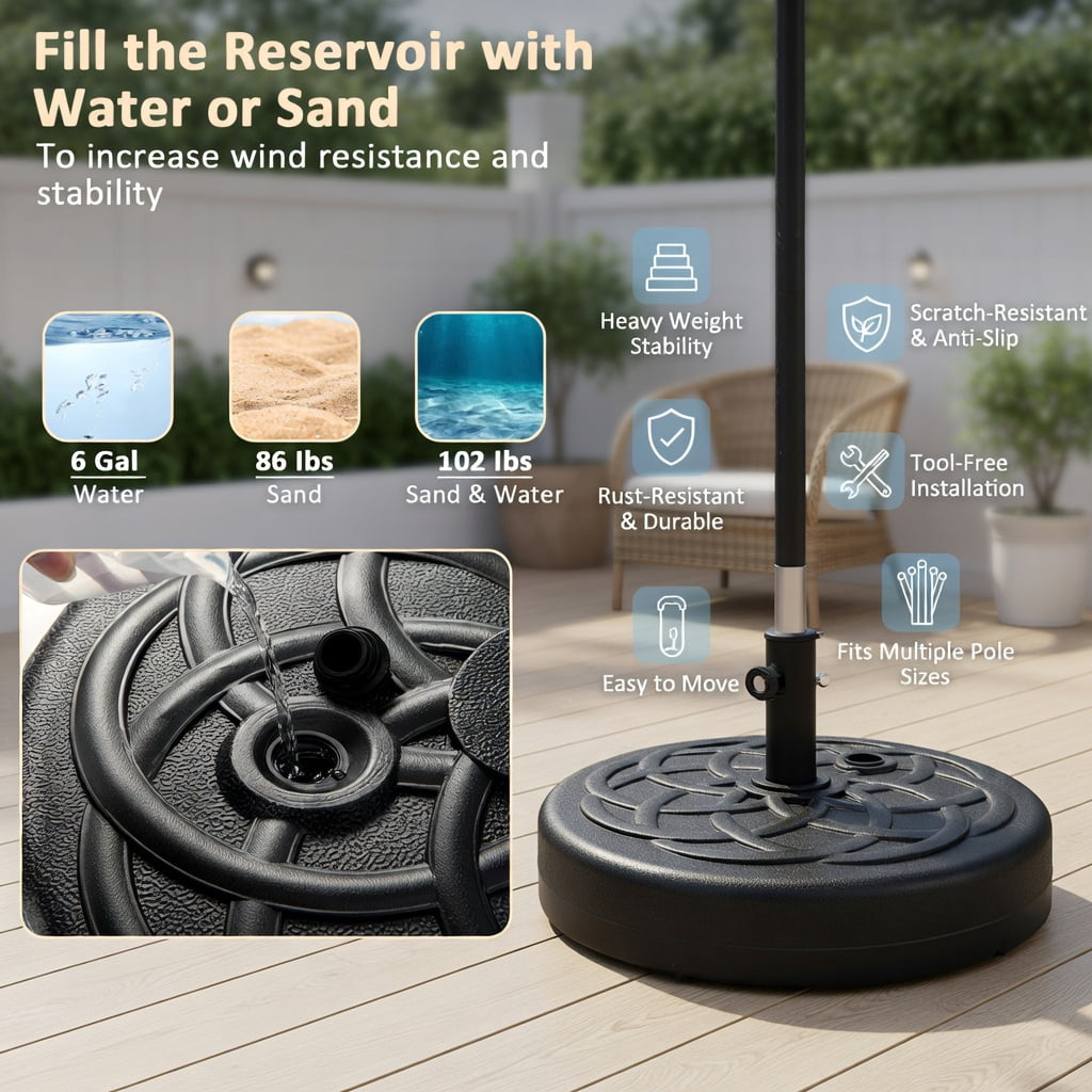Resenkos Outdoor Umbrella Base, 22 Inch Fillable Heavy-Duty Round Patio Umbrella Base Stand, Black