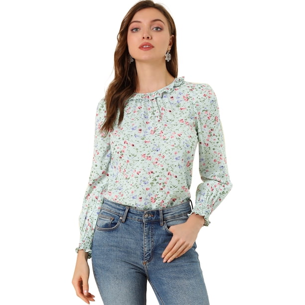 Allegra K Blusa Floral De Gasa Informal Con Cuello Con Volantes Y Manga Larga Con Pu?os Fruncidos Para Mujer Azul claro S