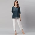 thumbnail image 4 of Janasya Indian Round Neck 3/4 Sleeve Embroidered Navy Blue Cotton Tunic For Women, 4 of 8