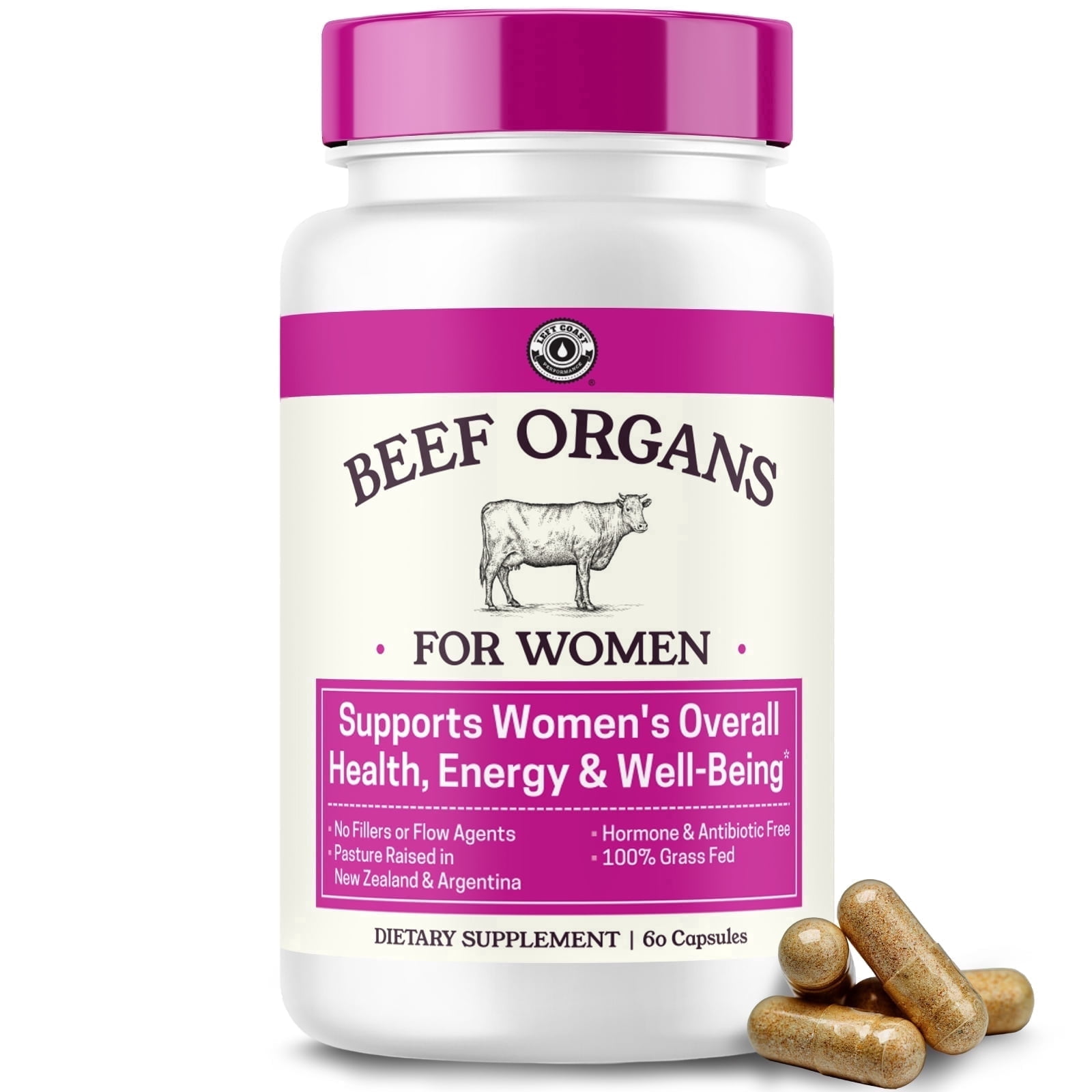 Left Coast Performance Beef Organ Supplement for Women, Unflavored, 60 Capsules