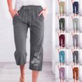 thumbnail image 2 of Yuanlook Casual Cropped Pants for Women, Cotton Linen Elastic Drawstring Waist with Dandelion Print, Everyday Wear Trousers, S-XXXL, 2 of 6