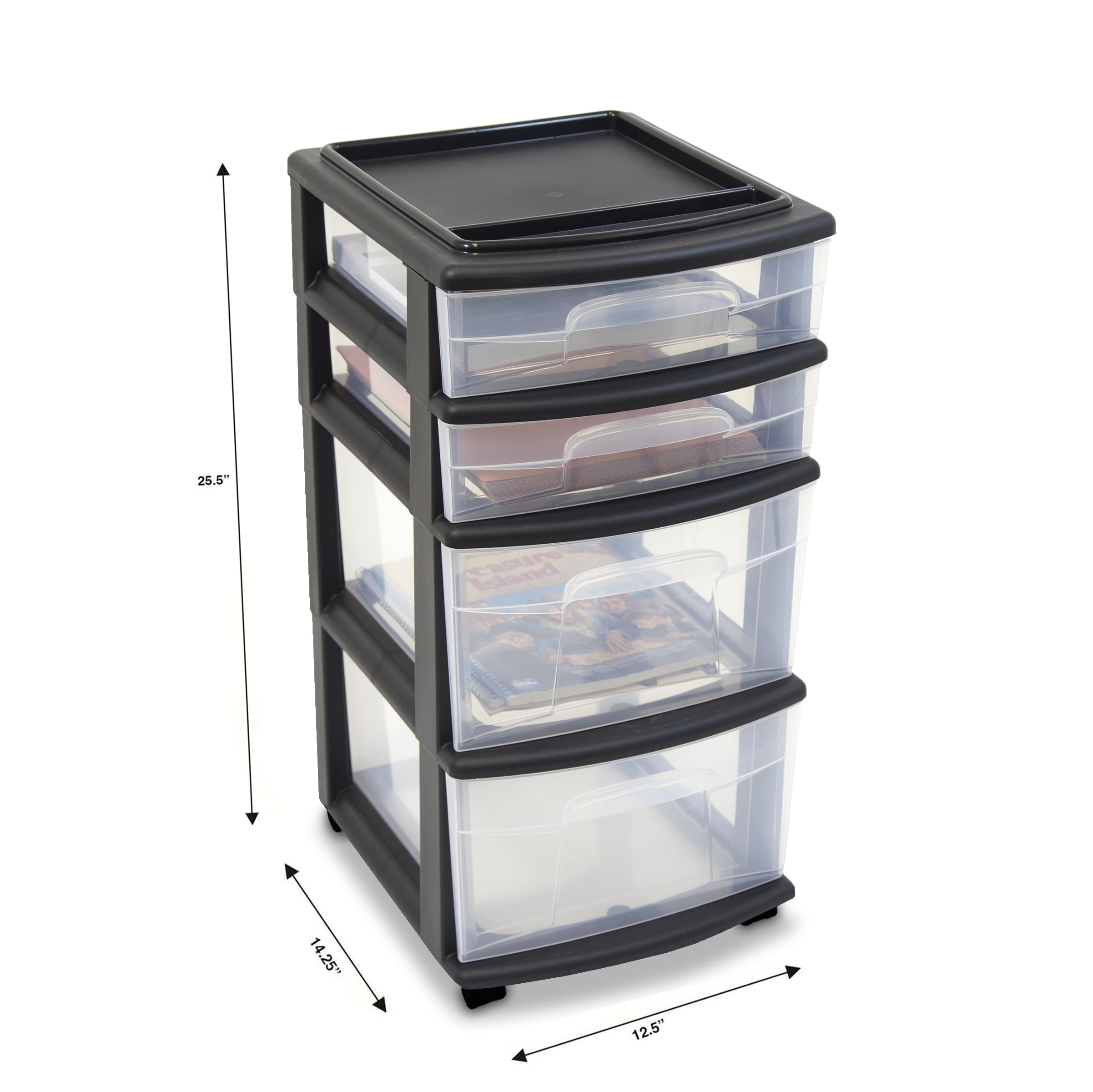 Homz Plastic 3 Clear Drawer Medium Home Organization Storage Container with  3 Large Drawers w/Removeable Wheels, Black Frame