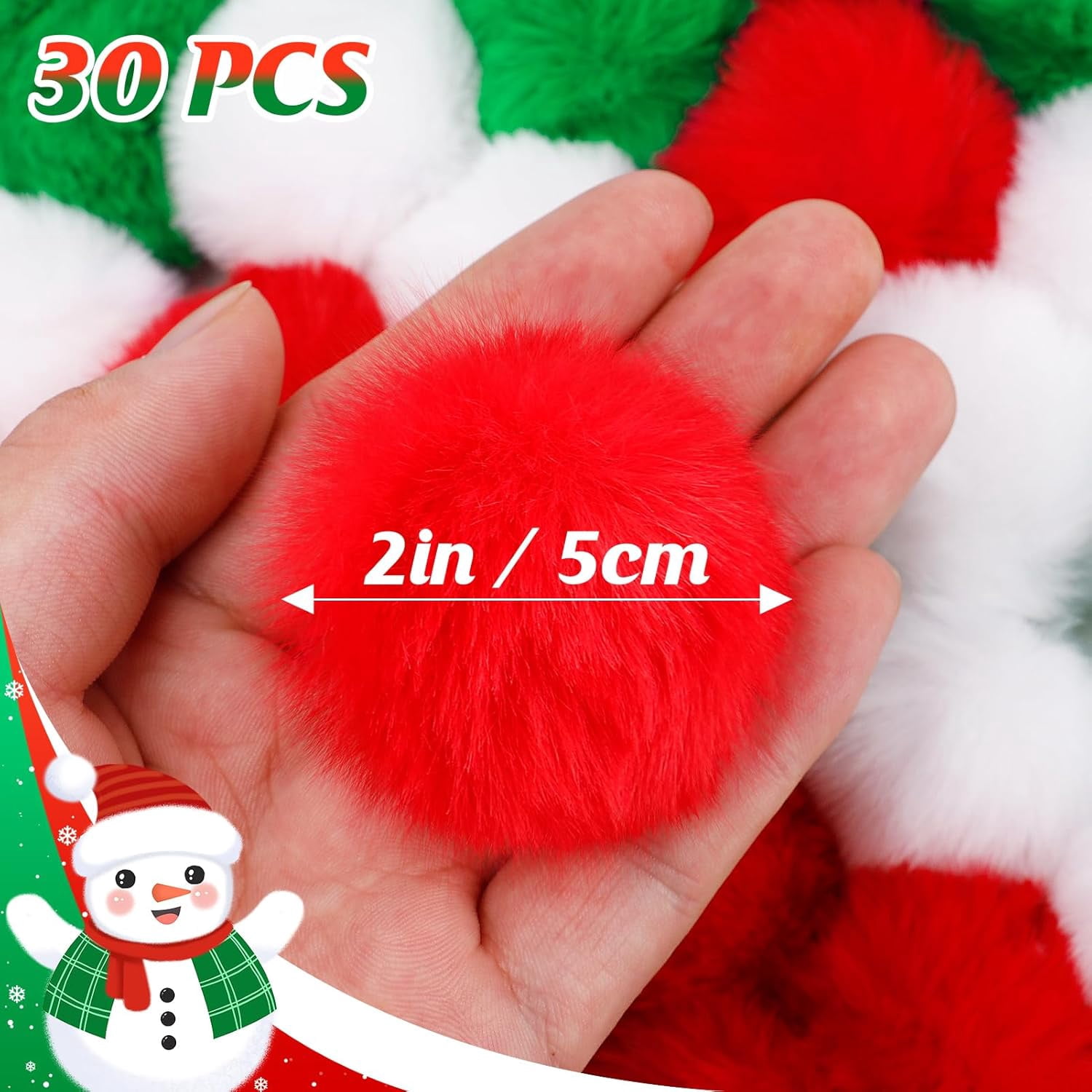 ABPETE 2'' Large Pom Poms for Crafts - 30 pcs Faux Fur Pompoms Fluffy Balls for Fall Decorations Christmas Handmade Gifts, Red/Green/White