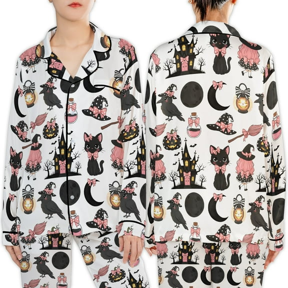 Lotusprinthandmade Cute Witch Halloween All-over Print Satin Pajamas Set (S), witchy pajamas for ladies, magic themed nightwear