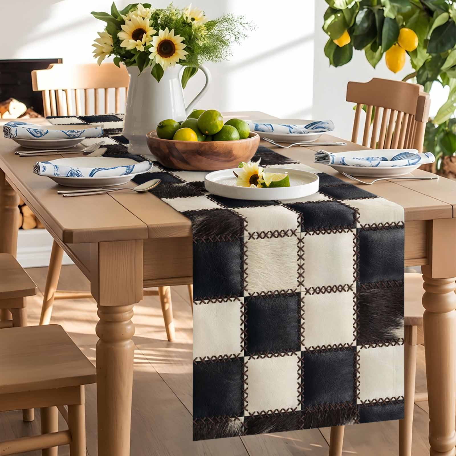 Leather Patchwork Table Runner 18x72 Inch Country Farmhouse Black White Brown Plaid Checkered Cotton Linen Dining Table Runner Ideal for Dresser Kitchen Coffee Tables - Machine Washable