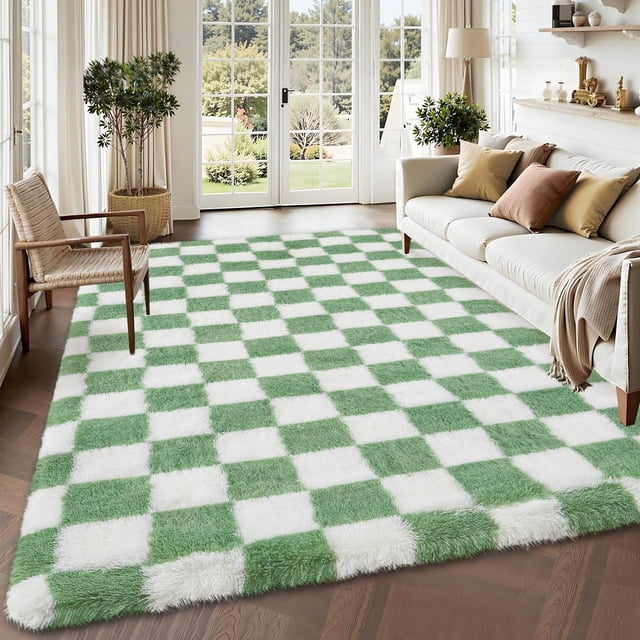 Checkered Rug 5x8 Super Soft Shaggy Rugs Fluffy Carpets Fluffy Fuzzy Rug for Living Room Bedroom,Checkered Fluffy Rugs for Girls Kids Room, Shag Plush Carpet for Teen Room Decor, Green-White