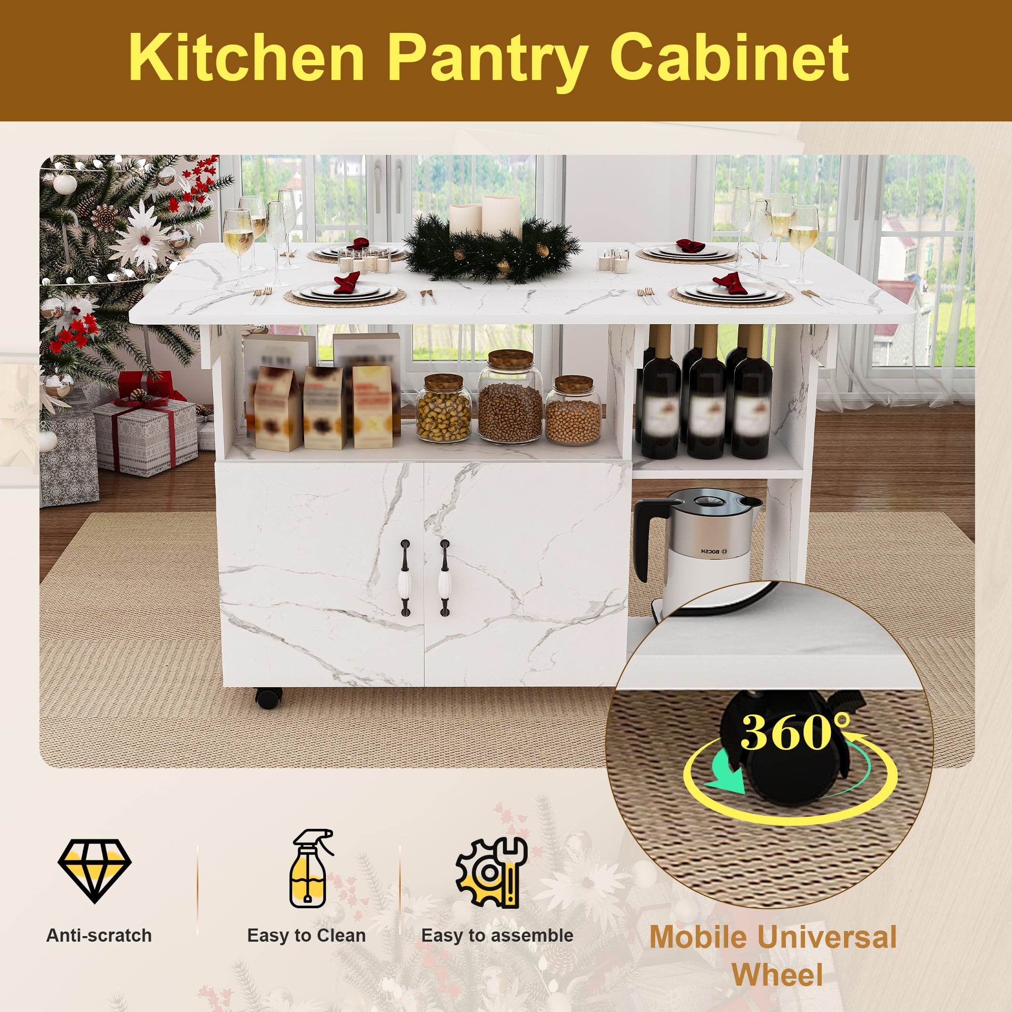 Multi-Functional Folding Table with Storage Shelves and Wheels, 47 Inch Foldable Dining Table for Small Spaces, Compact Desk for Kitchen, Dorm, Office, White