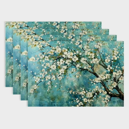 

Fenyluxe White Flowers Linen Table Placemats Set of 4 for Birthday Parties Christmas Restaurants Buffets Home Decoration 18x12in