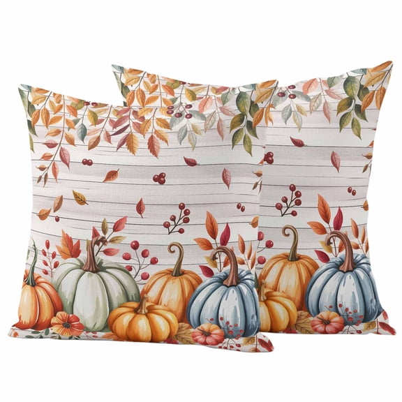 Orange Blue Fall Outdoor Waterproof Pillow Covers, Thanksgiving Pumpkins Botanical Vintage Decorative Square Throw Pillowcase Sofa Cushion Sham for Patio/Couch/Chair, 16"x16" 2 Pack