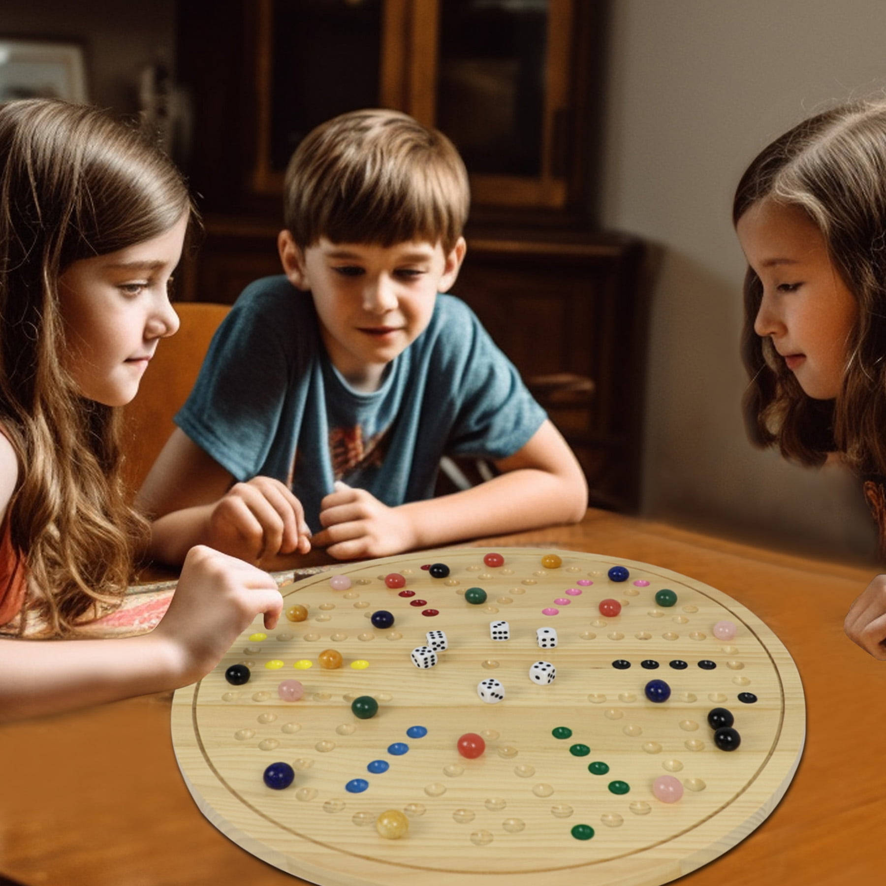20 in Large Original Marble Game 30 Natural Marbles Wahoo Board Game Double Sided Painted Wooden Fast Track Board Game for 6 and 4Players 6Colors 30 Marbles 6 Dice for Family Friends and Party