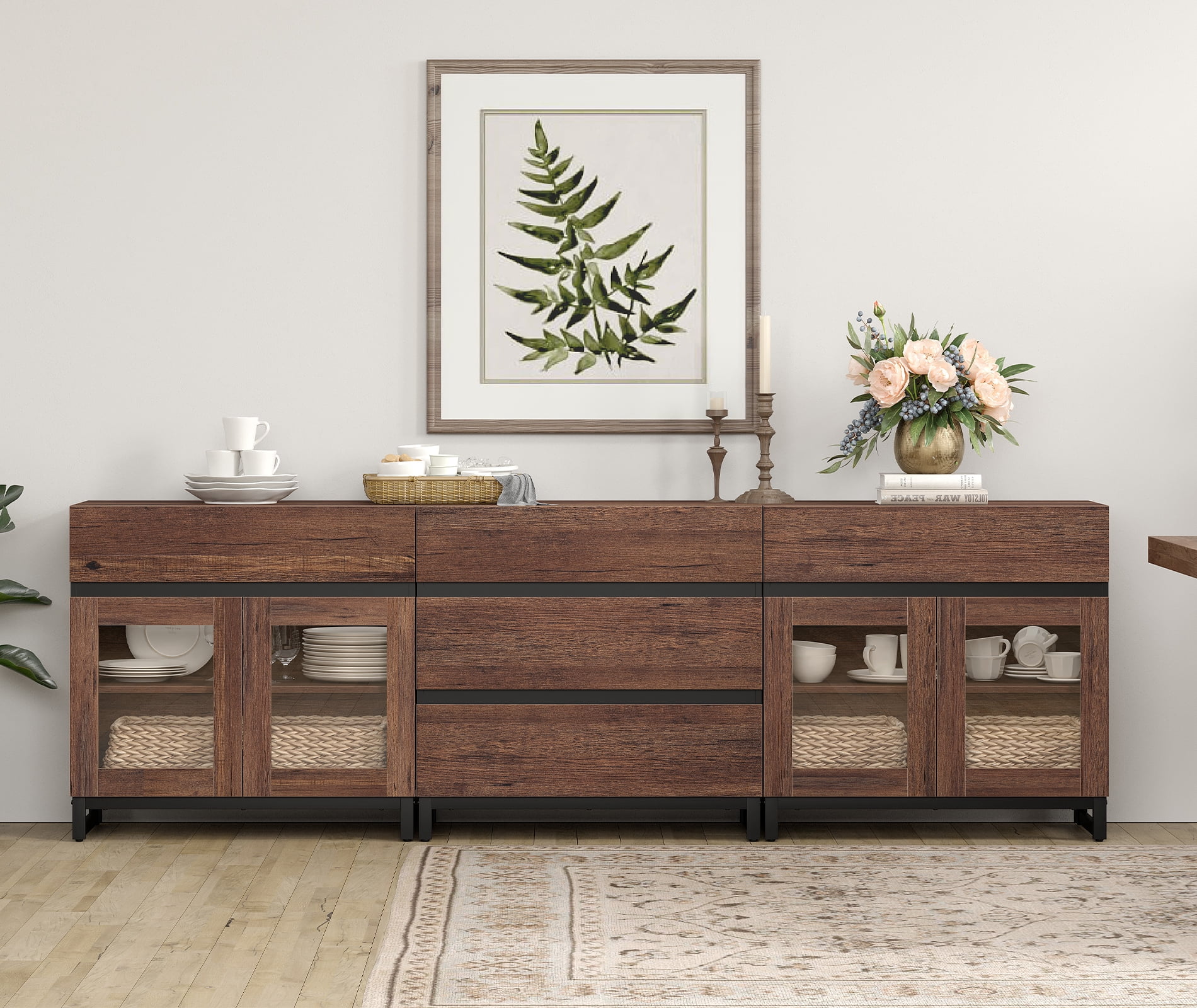 3 In 1 Sideboard Buffet Cabinets With Glass Doors And 5 Drawers, Modern Sideboard Credenza With Adjustable Shelf And Metal Base, Coffee Bar Cabinet Storage Cabinet For Living Room, Kitchen