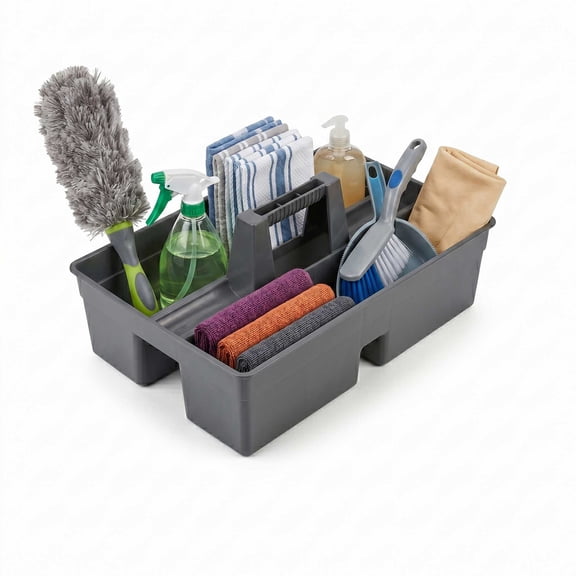 RW Clean Black Plastic Cleaning Caddy - 3 Compartments, with Handle - 16" x 10 1/2" x 7" - 1 count box