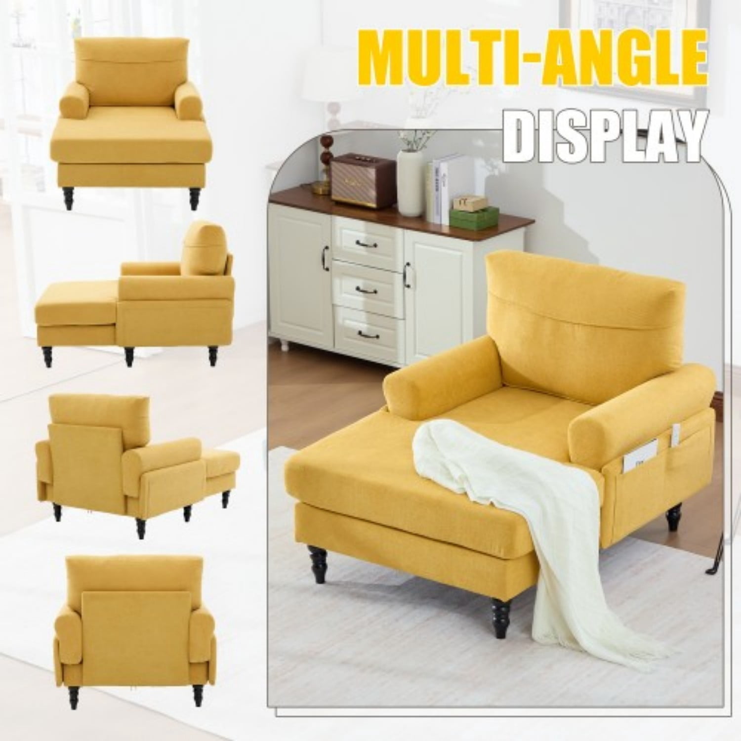 Chenille Chaise Lounge Chair, Oversized Upholstered Recliner Sofa with Wide Seat, High Density Foam Backrest, Solid Wood Legs & Side Pockets for Living Room, Bedroom, Office, Mustard yellow