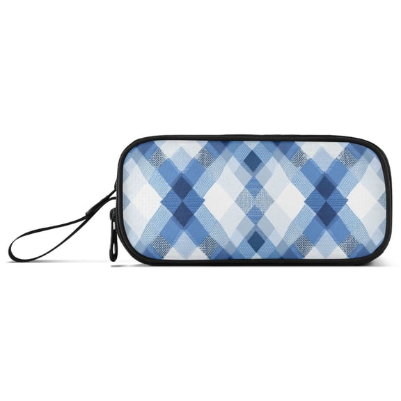 Blue Irregular Plaids Pencil Case Stationary Holder Pen Bag Pencil Pouch Tool Organizer 3 Compartments