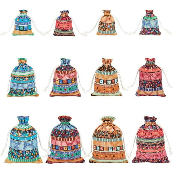 12 Pcs 3 Sizes Drawstring Gift Bags Ethnic Style Burlap Bags for Wedding Baby Shower for DIY
