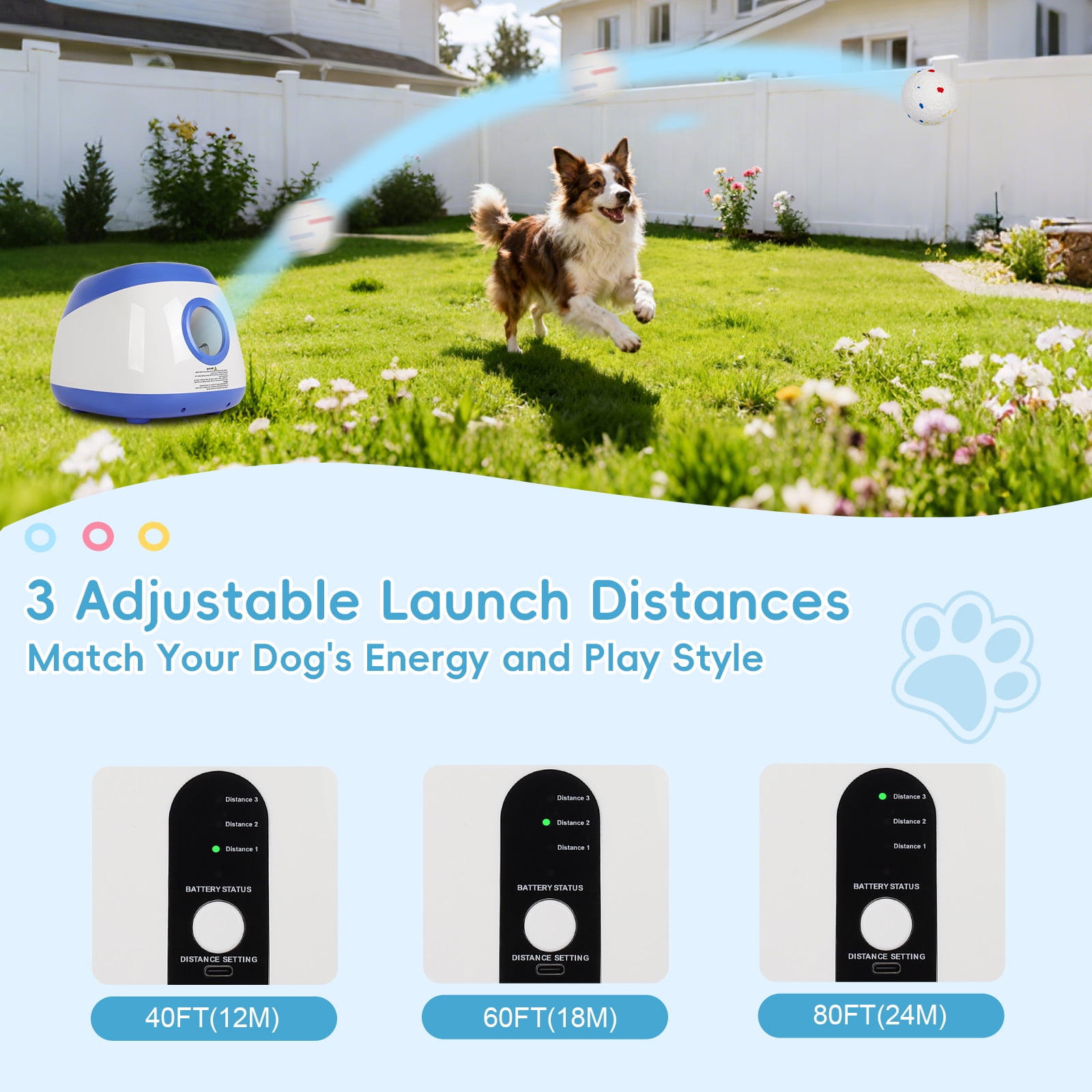 GYZJ Automatic Ball Launcher for Large Dogs: Interactive Dog Ball Thrower w/Remote Control,3 Distance Settings(40/60/80FT),8 2.5" ETPU Tennis Balls