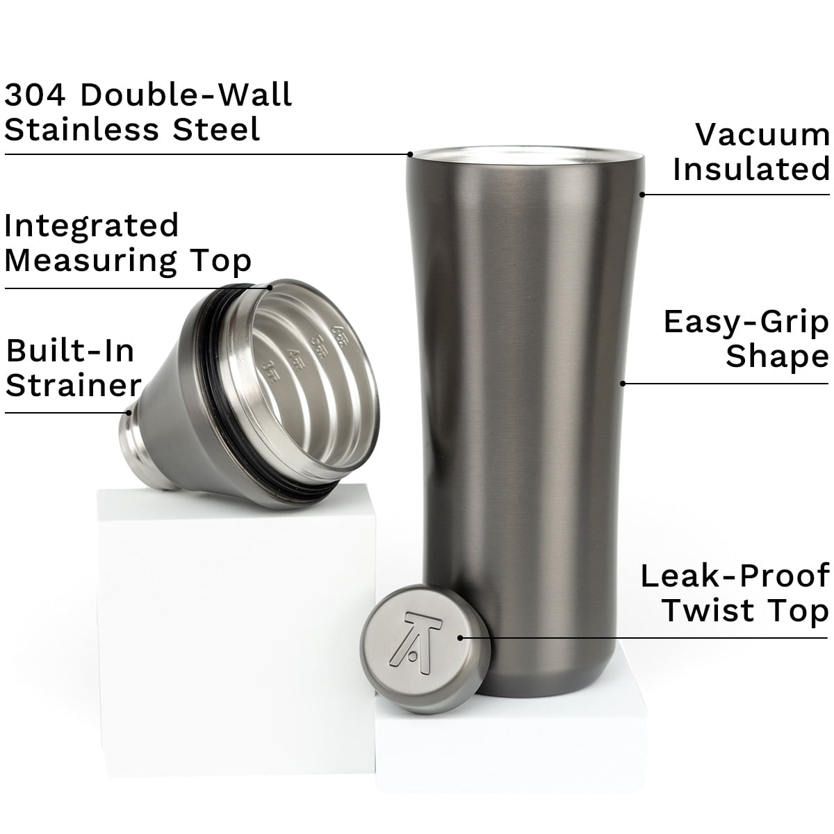 Elevated Craft Hybrid Cocktail Shaker - Premium Vacuum Insulated Stainless Steel Gunmetal Cocktail Shaker - Innovative Measuring System - Martini Shaker for the Home Bartender - 28oz Total Volume