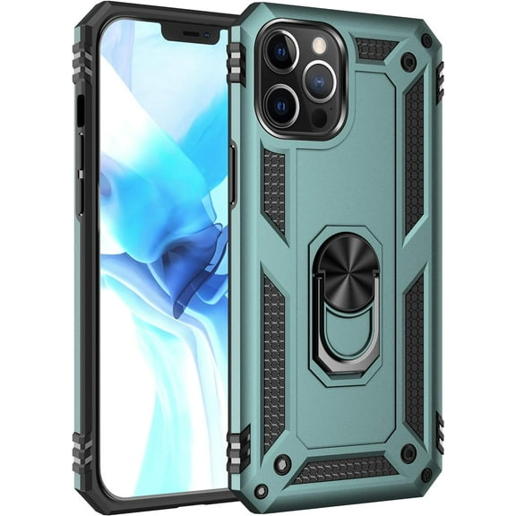 Compatible with iPhone 12 Pro Max Case, Extreme Protection Military Armor Dual Layer Protective Cover with 360 Degree Swivel D Ring Stand GreyGreen