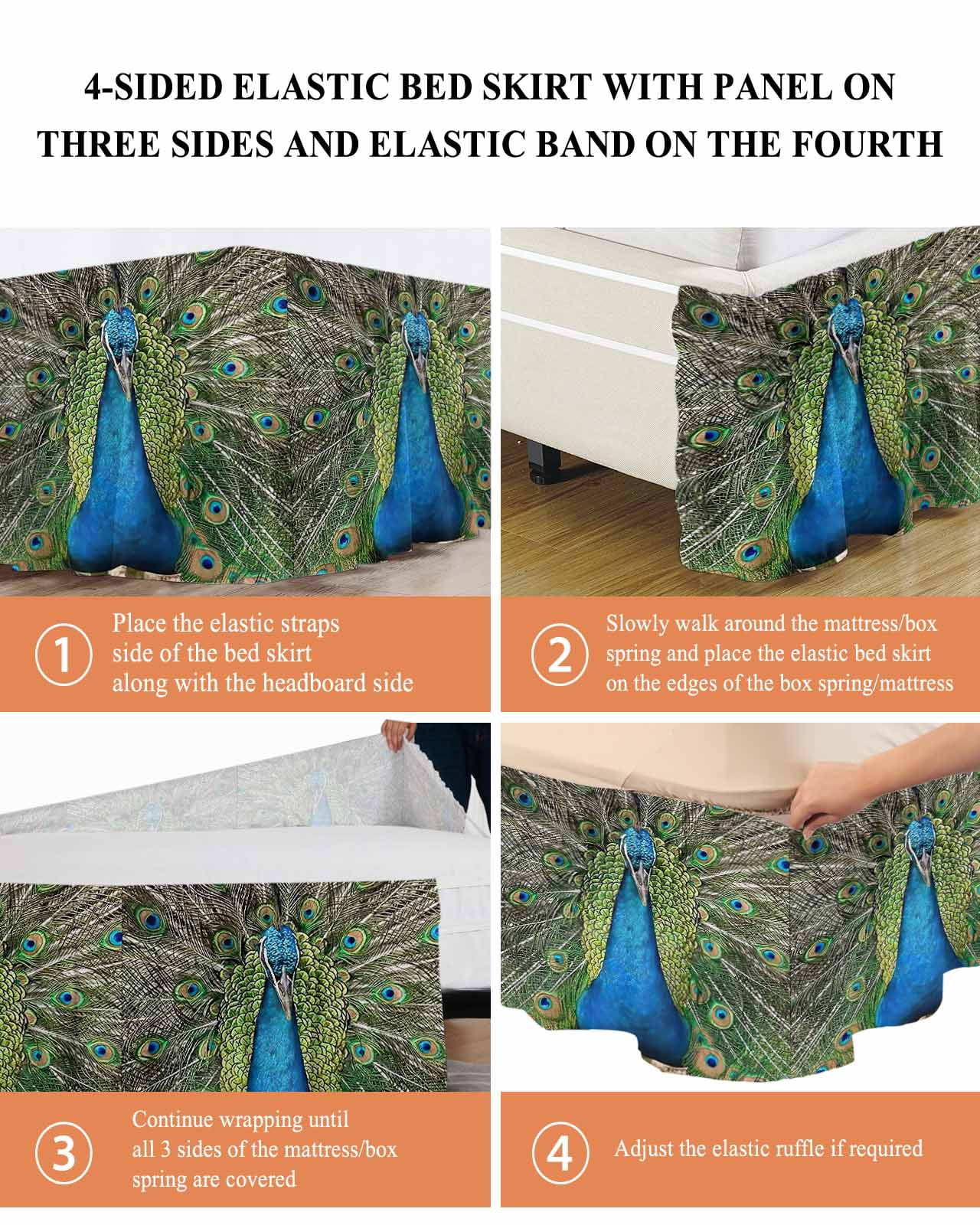 Peacock Feathers Wrap Around Bed Skirts for Queen Bed 16" Drop, Bed Skirt with Adjustable Elastic Belt Dust Ruffle Bed Valance for Bedroom Hotel Luxury Contemporary Aesthetic Art Bed Frame Cover