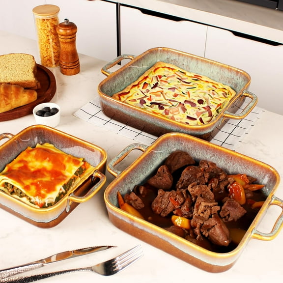 Square Ceramic Baking Dish with Handles, 1.8 Qt for Casserole, Salad, Pasta, Microwave & Oven Safe