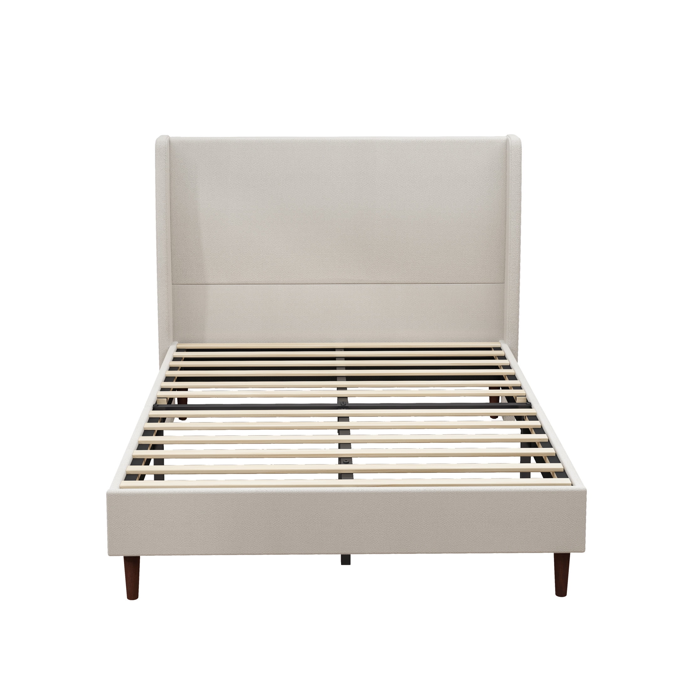 Ember Queen Size Platform Bed Frame with Chenille Upholstered Headboard, No Box Spring Needed, Beige