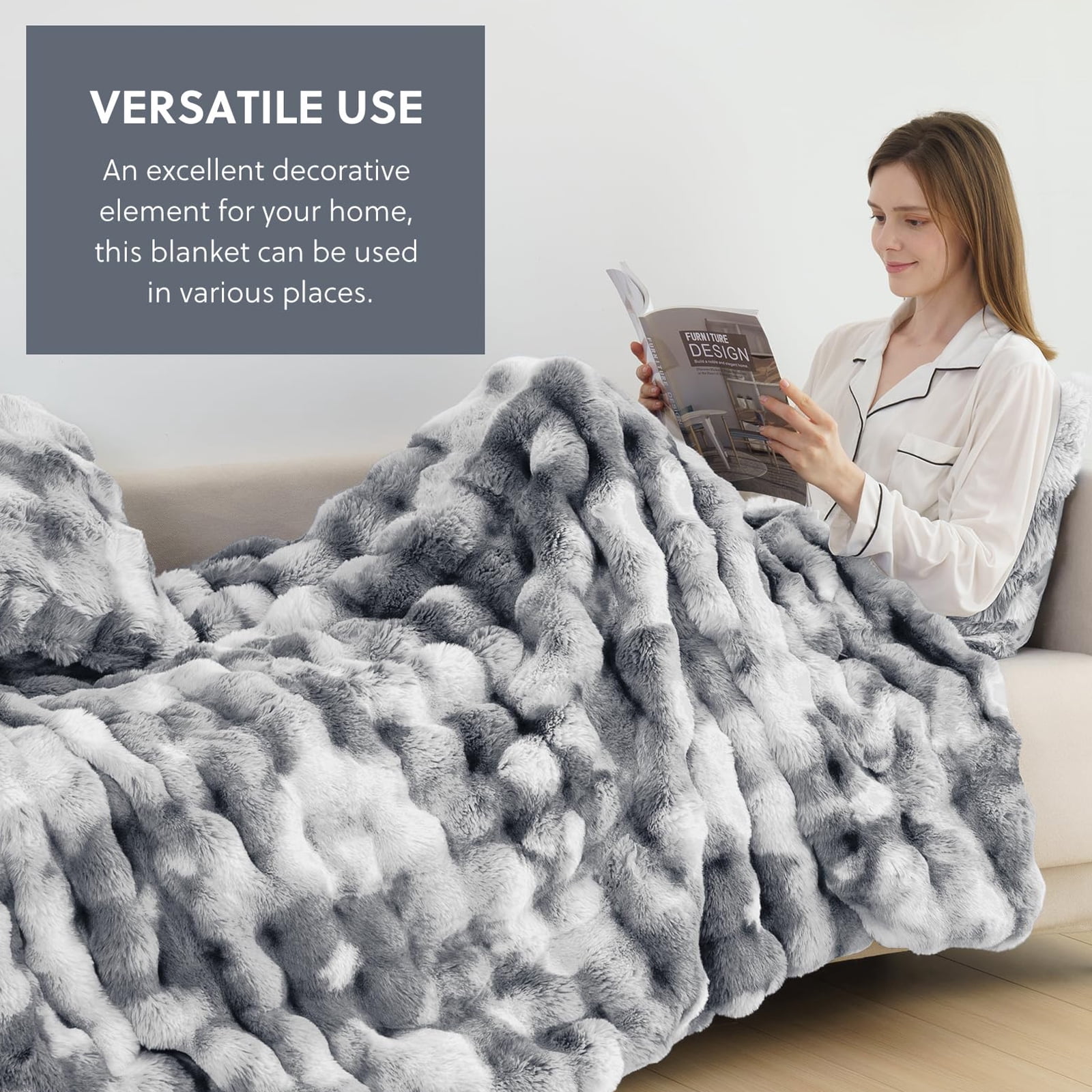 Cozylore Faux Fur Throw Blanket for Couch Luxury Fluffy Thick Bubble Blanket Warm Cozy Throw for Bedroom Living Room, 50" x 60", Tie-Dye Gray