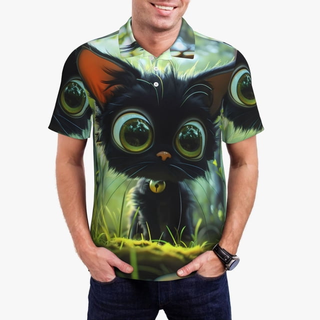 Balery Cute Big-Eyed Black Cat Camisa Polo de Hombre con Estampado, de Manga Corta y Tejido Medio, Camisa Tipo Golf Polo-3X-Large
