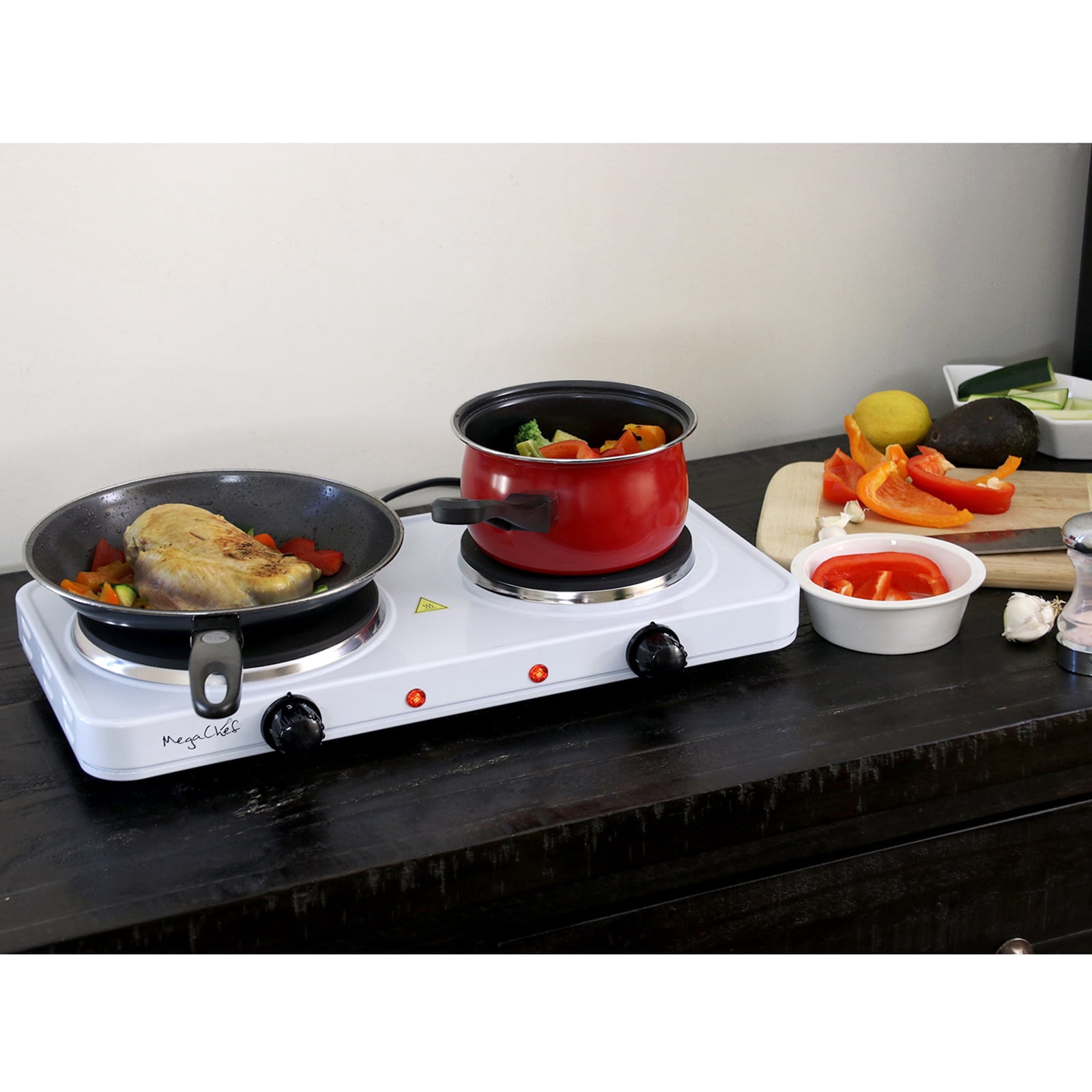 MegaChef Electric Easily Portable Ultra Lightweight Dual Burner Cooktop Buffet Range in Sleek White