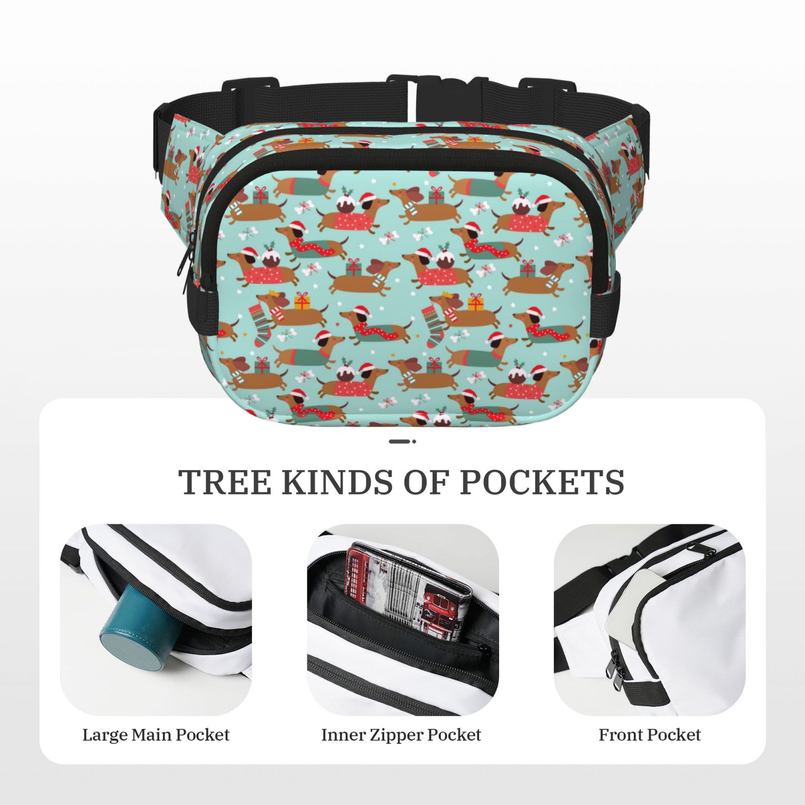 Hirioo Dachshund Christmas Play for Double Layer Waist Bag Adjustable Fanny Pack For Travel Running Hiking