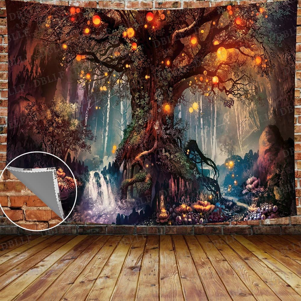 CPDD Magical Forest Tapestry Tree Tapestry Popular Elves Fantasy Plant Lantern Tapestry Waterfalls Under Tree of Life Tapestry 90 x70 Flannel Art