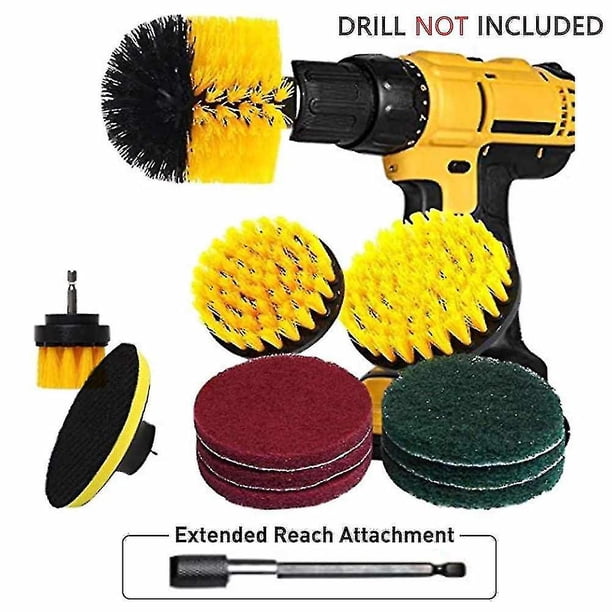 Kit de cepillo para taladro: accesorio para cepillo para taladro con extensor de 6 pulgadas / 4 cepillos de nailon / 6 almohadillas para fregar