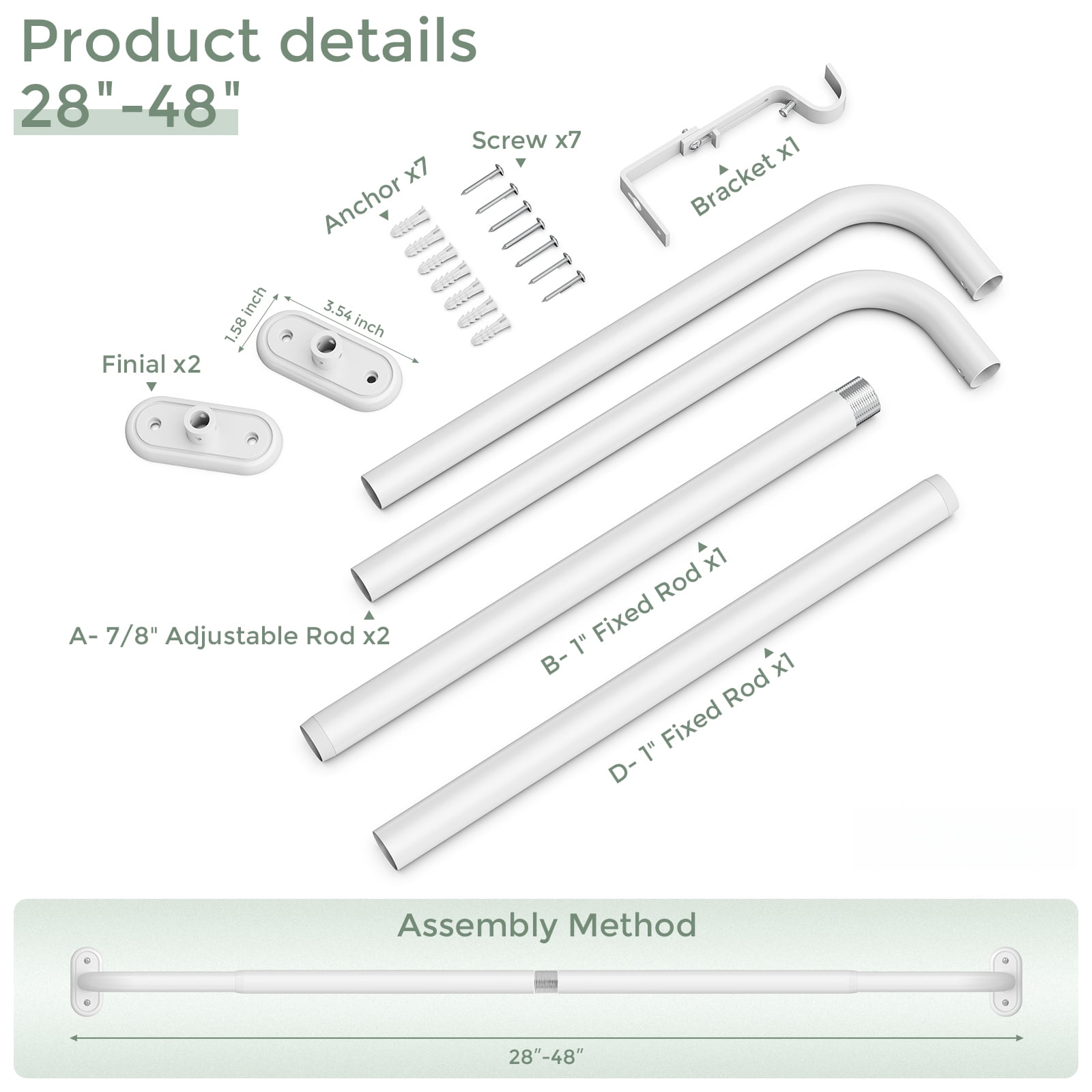 OLV 1" Diameter Adjustable Wrap Around Curtain Rods 28-48" heavy duty,White