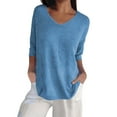 thumbnail image 2 of YEJIMAN Blue Oversized Tshirts For Women, Knitting Cotton Shirt Women Trendy, Women's Short Sleeve Sweaters Tops V Neck Pullover Knit Shirts Loose Blouses, 2 of 5