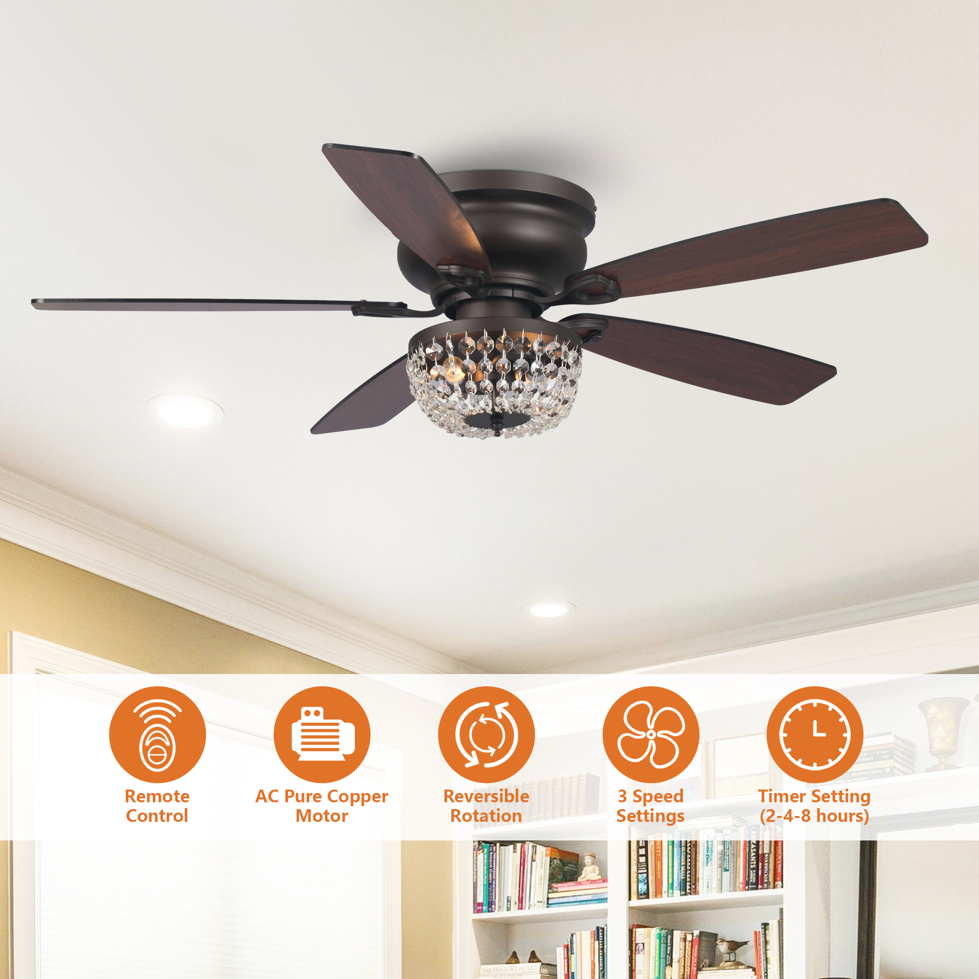 Parrot Uncle Modern 48 inch Bronze Flush Mount Ceiling Fan with Lights and Remote, Chandelier Ceiling Fan