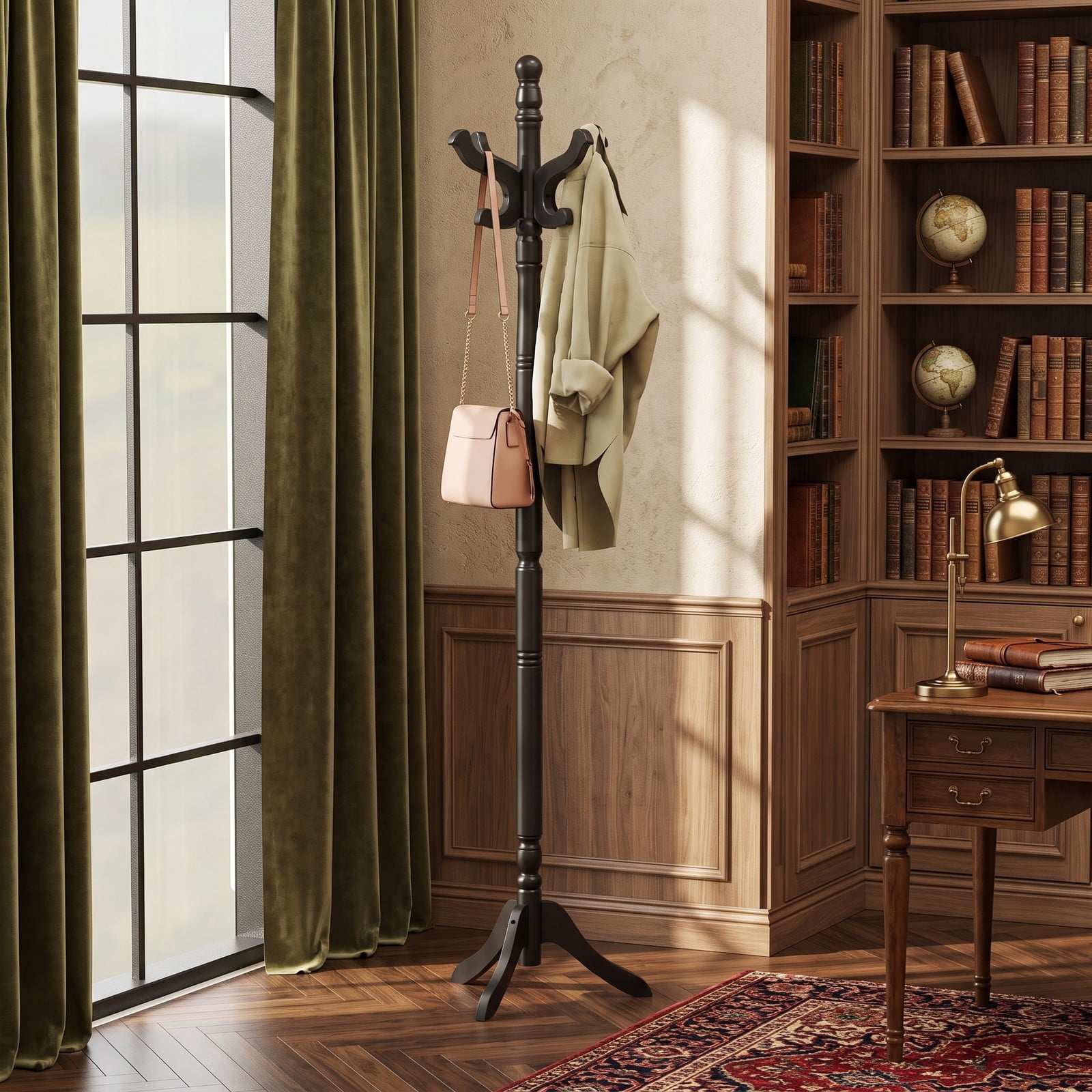 Furnibear Solid Wood Hall Tree Freestanding Coat Rack with 11 Hooks and 3 Height Options for Entryway Hallway Bedroom and Office, Black