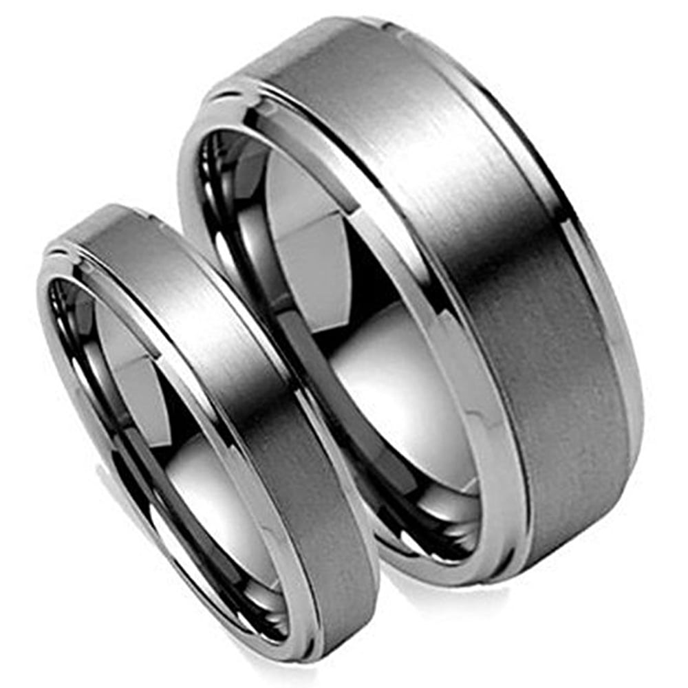 8MM Men's or 6MM Ladies Tungsten Carbide Brushed Domed Wedding Band Ring Set 