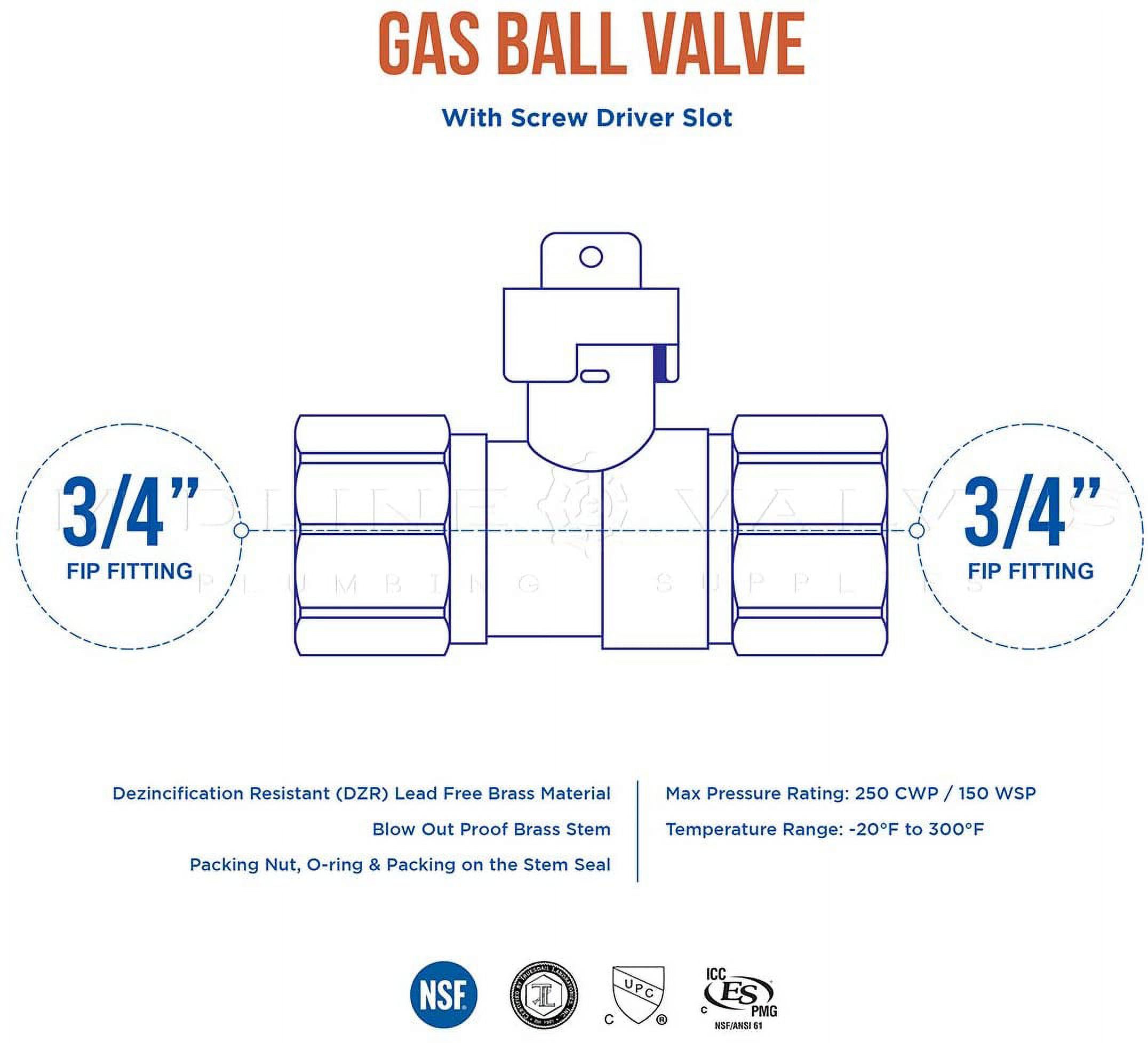 Midline Valve 34SCRWGAS-5 Premium Brass Gas Ball Valve with Screwdriver Slotted Handle, 3/4 in. FIP Connections (Pack of 5)