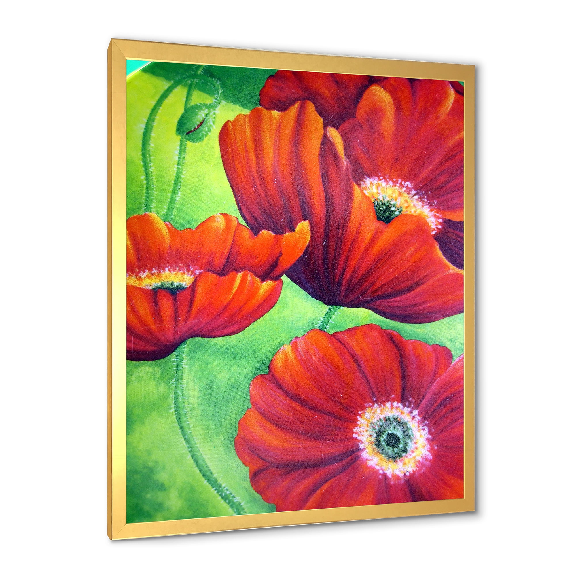 Designart 'Red Blossoming Poppies Over Wild Green V' Traditional Framed Art Print