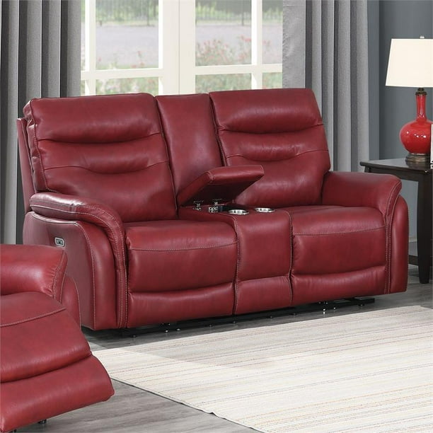 Fortuna Dark Red Leather Power Recliner, Leather Reclining Loveseat With Console