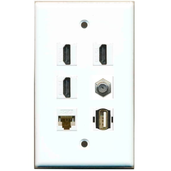 Ultra Spec Cables 1 Gang Flat 3 HDMI Coax Cable Cat6 Ethernet USB A-A Coupler Port Jack Wall Plate
