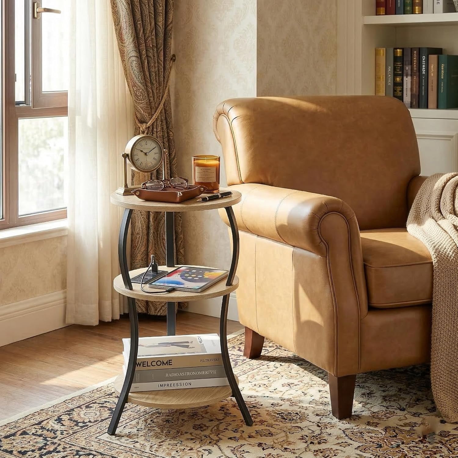 Small Round Side Table with Charging Station, 3-Tier Waist Circular End Table with Storage Shelf, Compact Tea Sofa Side Table Small Spaces, Round Corner Coffee Table for Living Room Bedroon,oak