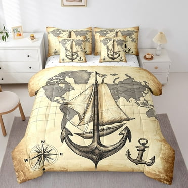 Nautical Theme Kids Bed In A Bag With Sheets,Anchor Compass Queen Comforter Set 7 Piece Retro Ocean Ship Bedding Set Coastal Island Old Map Sheet Set With Comforter Bedroom Decor
