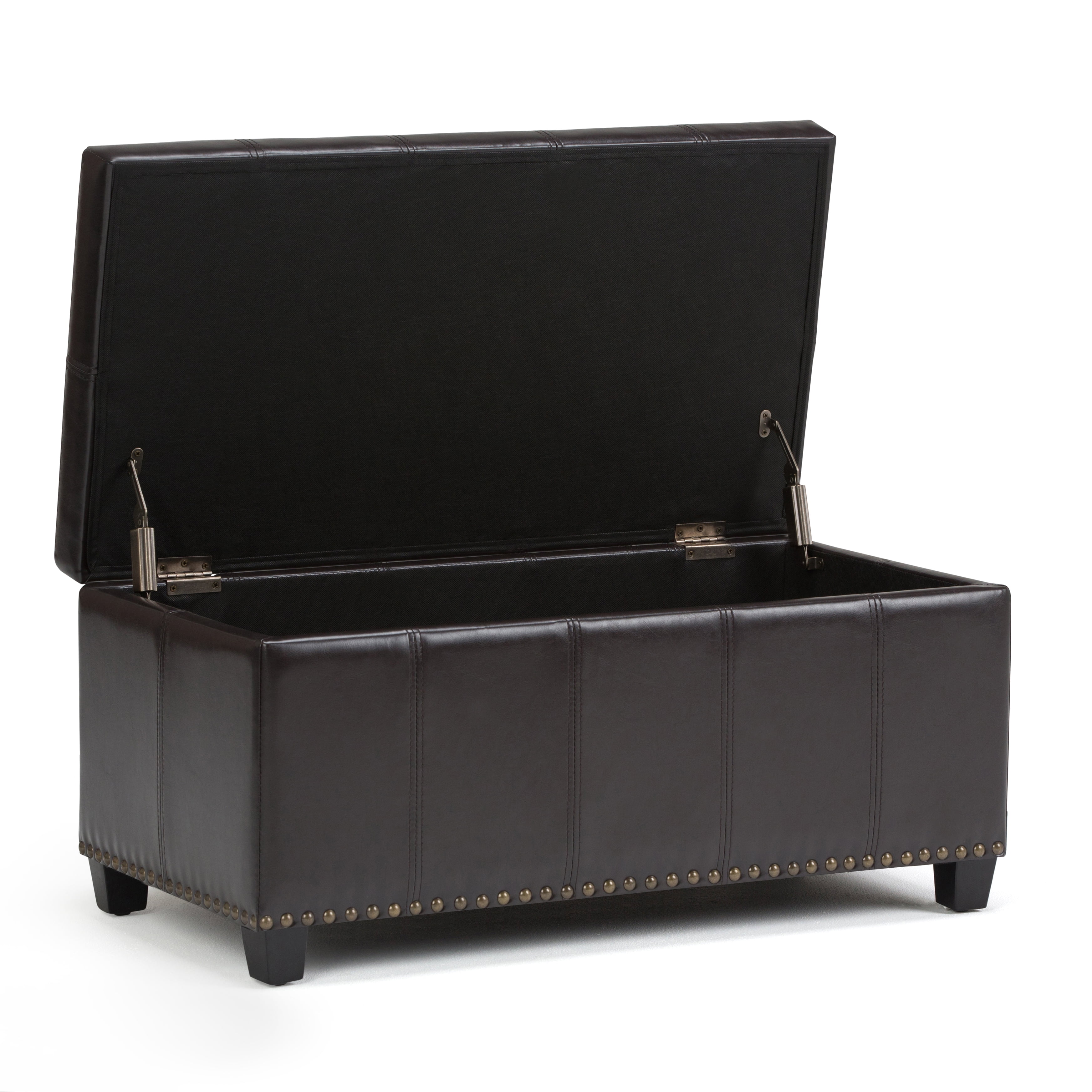 Simpli Home Amelia 33 inch Wide Transitional Storage Ottoman Bench in Tanners Brown Vegan Leather