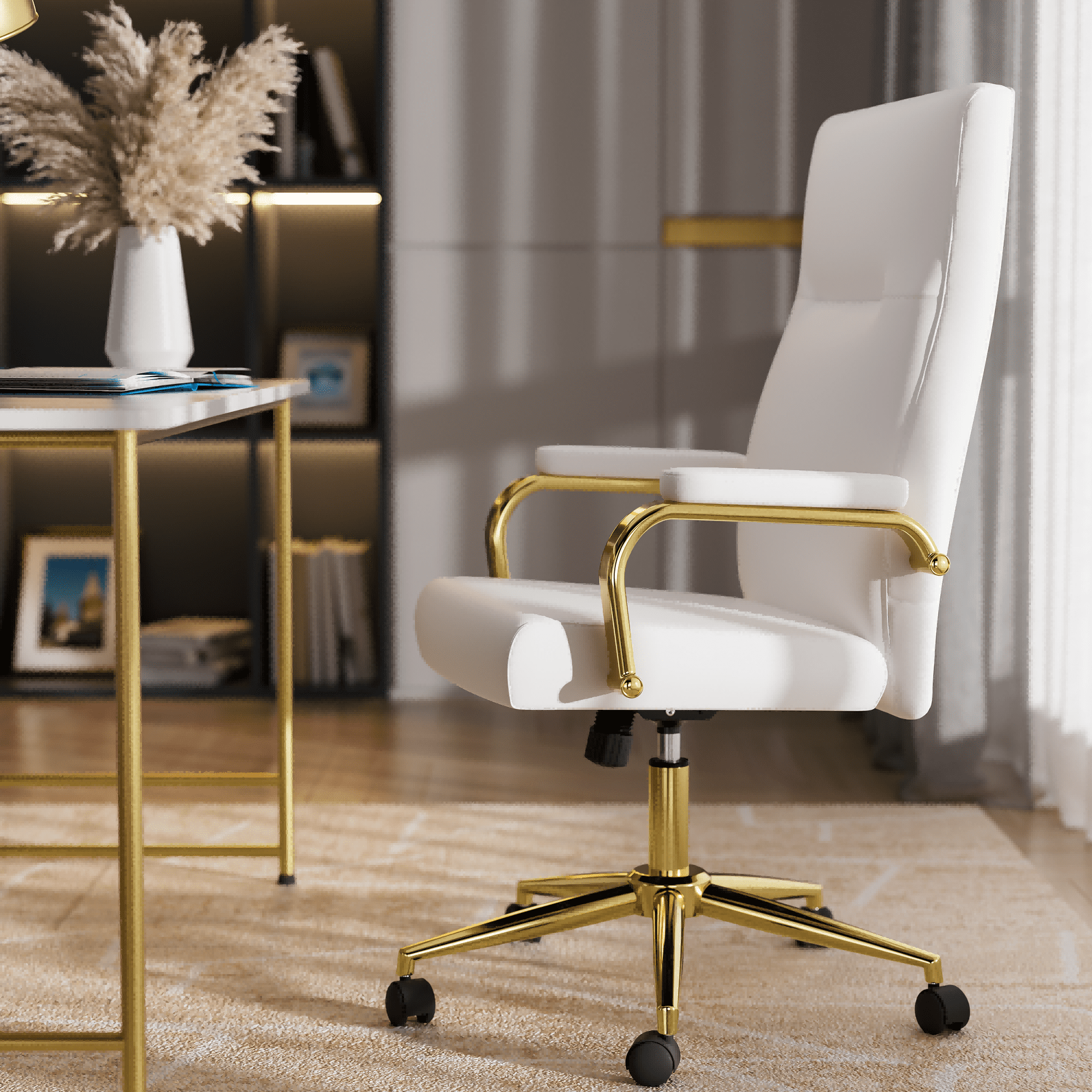 HomeZeer White and Gold Office Chair, Swivel High Back Executive Office Chair with Wheels and Arms, Memory Foam Leather Adjustable Height Computer Desk Chair for Home Office