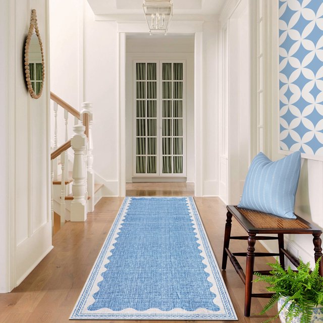 Nanan 2'x6' Scalloped Edge Area Rug, Machine Washable Low-Profile Woven Carpet, Non-Slip Soft Textured Rug for Living Room Bedroom Nursery Home Decor,Blue