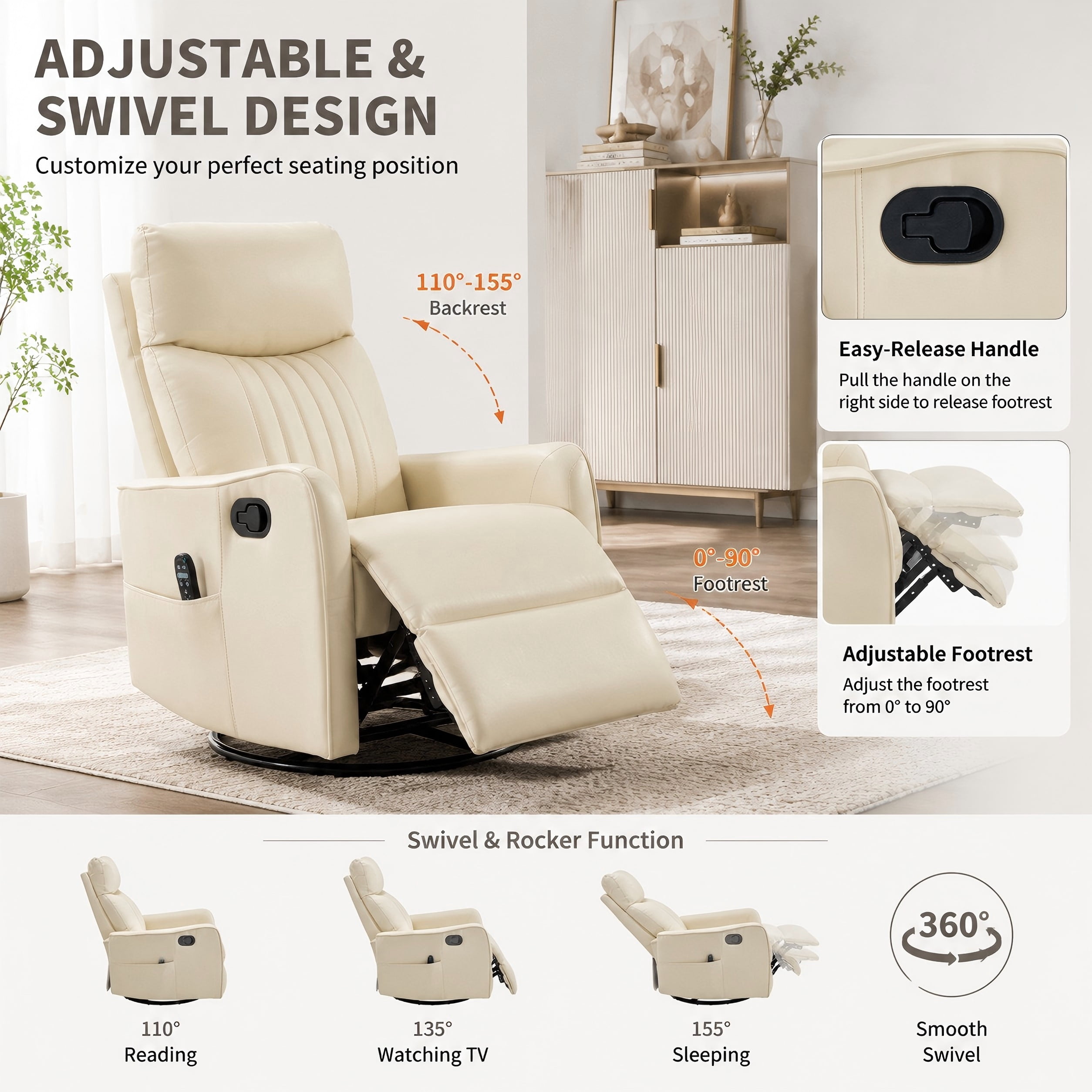 Aukfa Massage Recliner Chair with Heat, Faux Leather 360° Swivel Rocker Recliner, Overstuffed Manual Reclining Glider Chair with Vibration, Beige