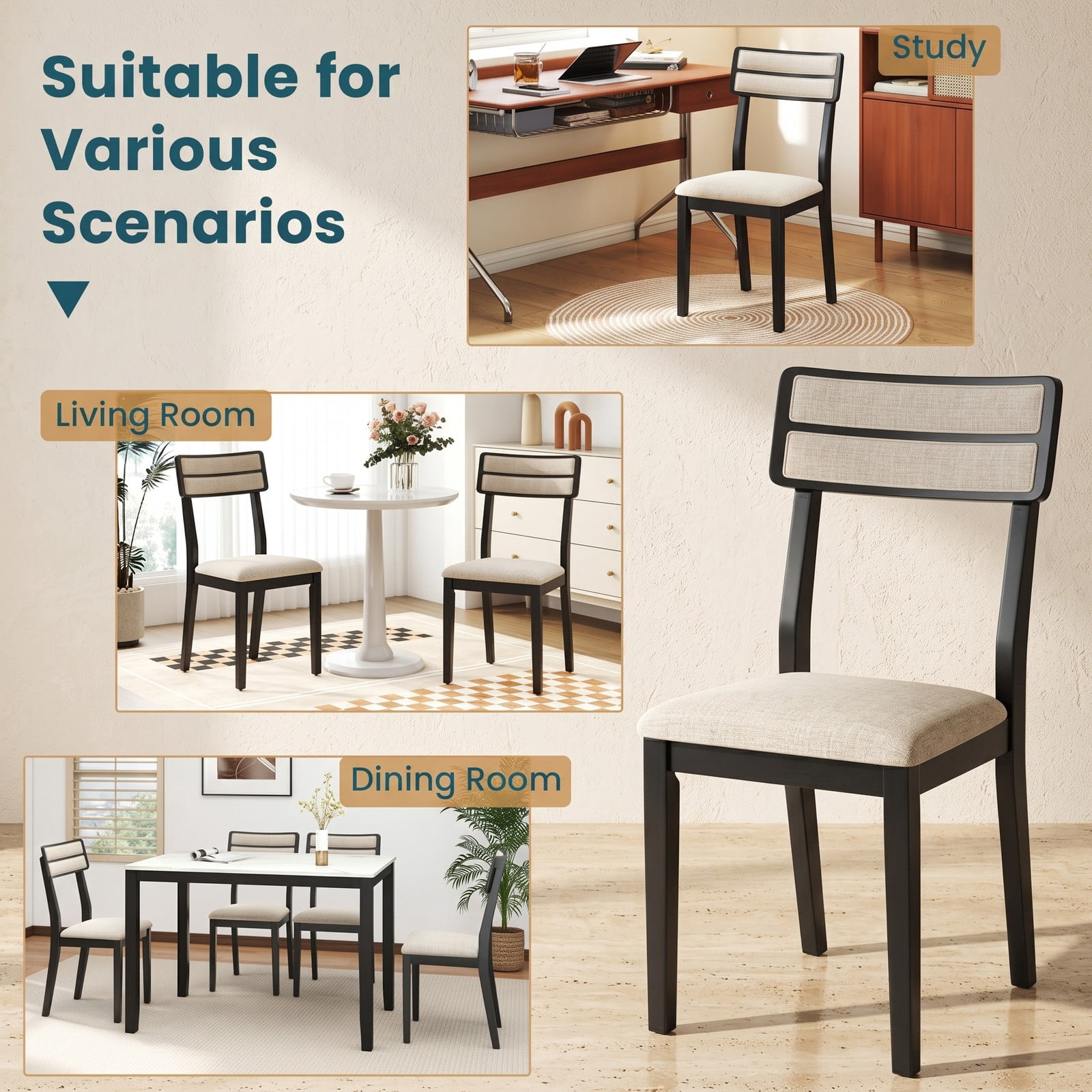 Furnibear Modern Dining Chairs Set of 2, Upholstered Linen-Feel Fabric Kitchen Chairs with Tilt Backrest and Solid Rubber Wood Legs, Padded Accent Side Chairs, Black